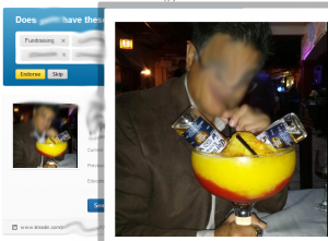 This LinkedIn profile image shows a man with a huge cocktail that has two bottles of beer being poured into it.