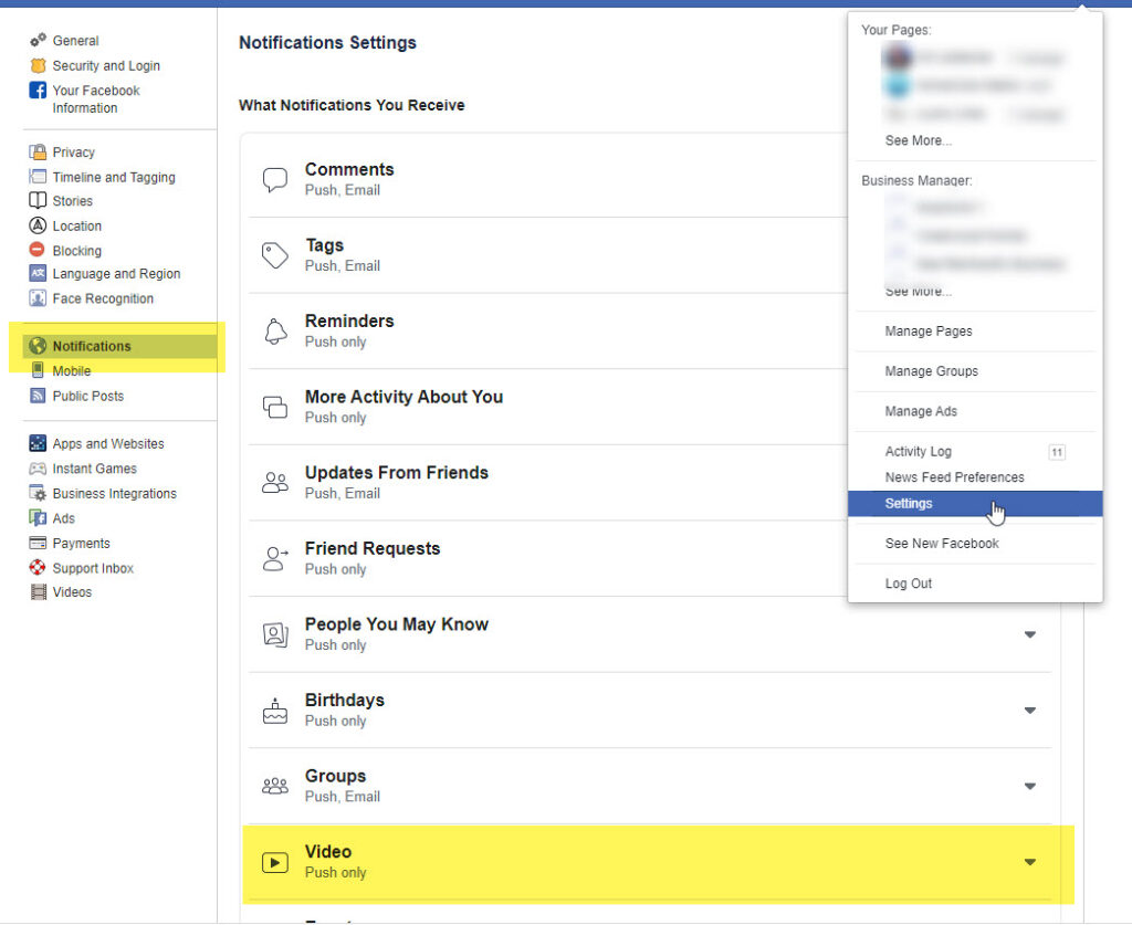 access settings for notificaitons